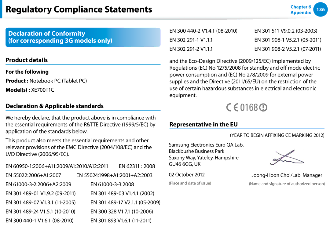 Samsung 700TC manual Declaration of Conformity For corresponding 3G models only, Product details, Representative in the EU 