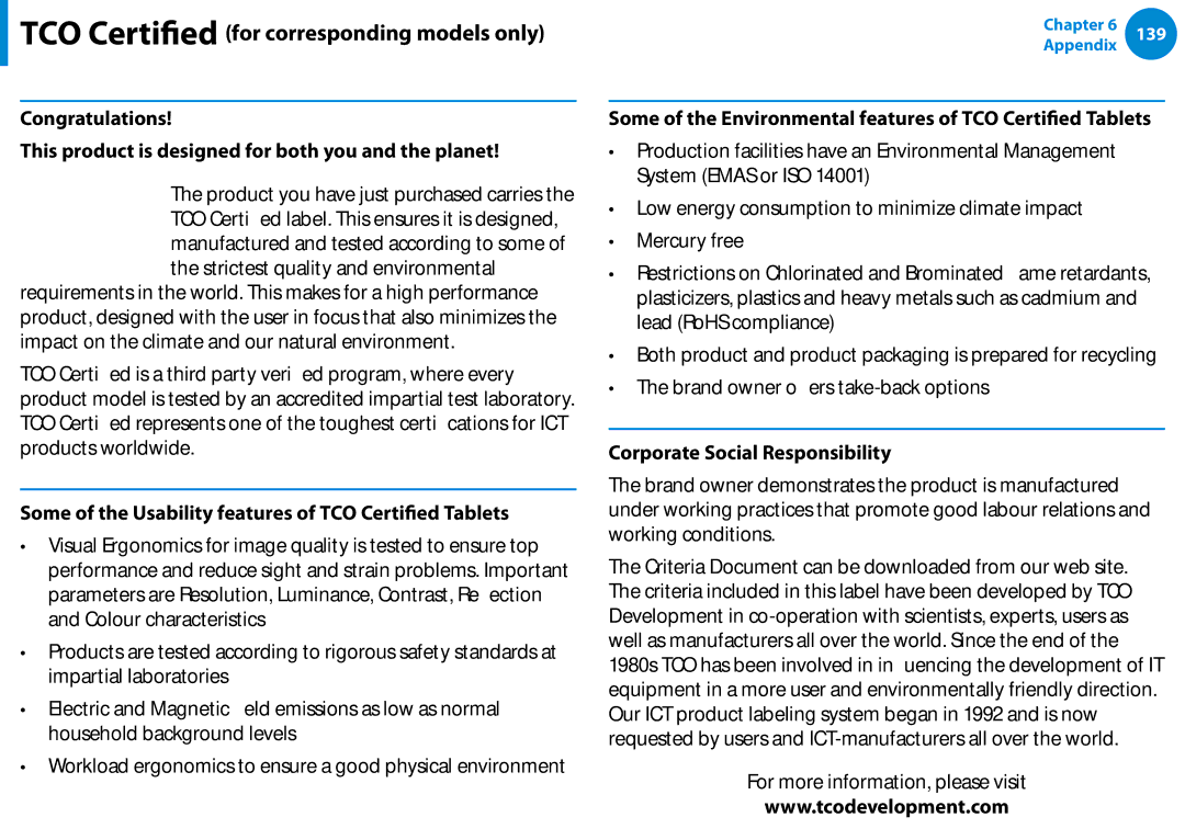 Samsung 700TC manual TCO Certified for corresponding models only, Some of the Usability features of TCO Certified Tablets 