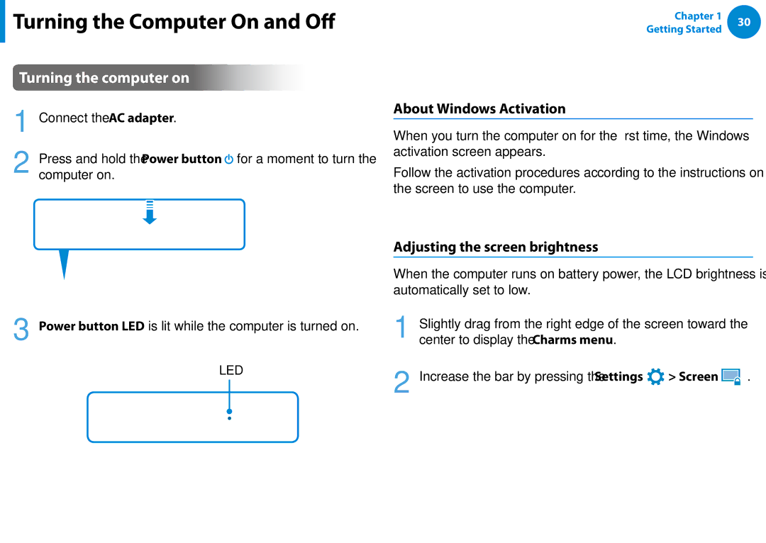 Samsung Xe700t1c, XE700T1CHA1US, 700TC Turning the Computer On and Off, Turning the computer on, About Windows Activation 