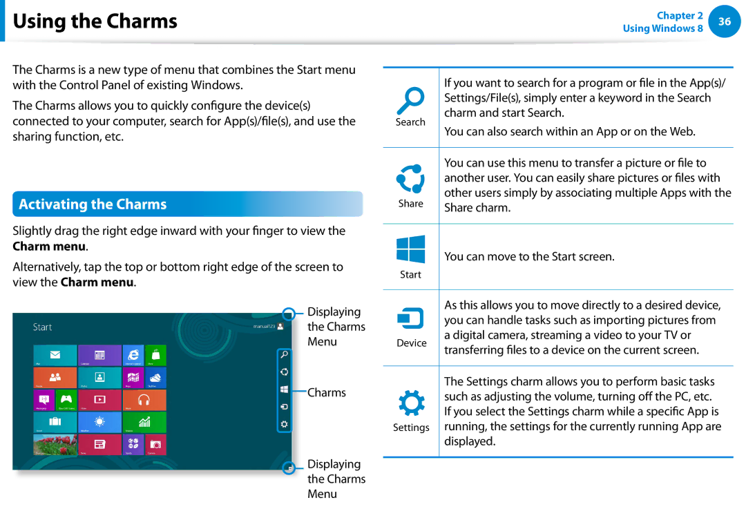 Samsung Xe700t1c, XE700T1CHA1US, 700TC manual Using the Charms, Activating the Charms 