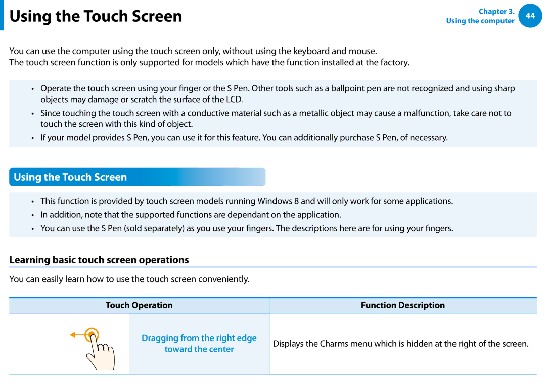 Samsung XE700T1CHA1US Using the Touch Screen, Learning basic touch screen operations, Touch Operation Function Description 