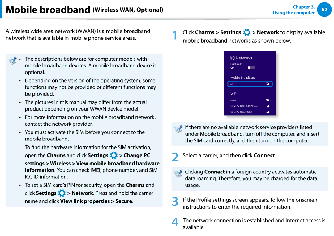 Samsung XE700T1CHA1US, Xe700t1c, 700TC manual Mobile broadband Wireless WAN, Optional 