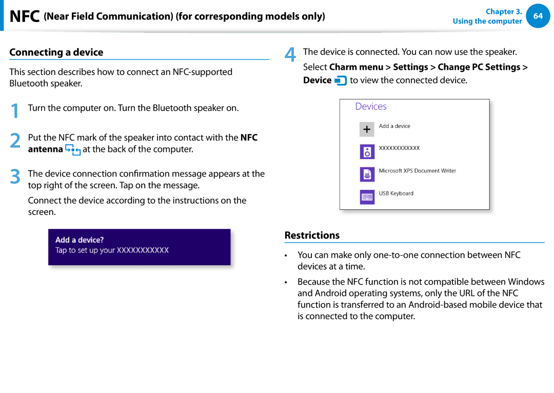 Samsung 700TC, XE700T1CHA1US, Xe700t1c manual Connecting a device, Restrictions, Device, To view the connected device 