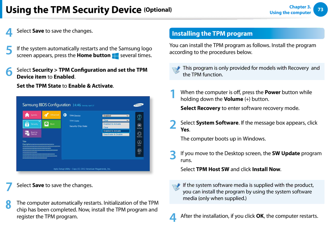 Samsung 700TC, XE700T1CHA1US, Xe700t1c manual Using the TPM Security Device Optional, Installing the TPM program 