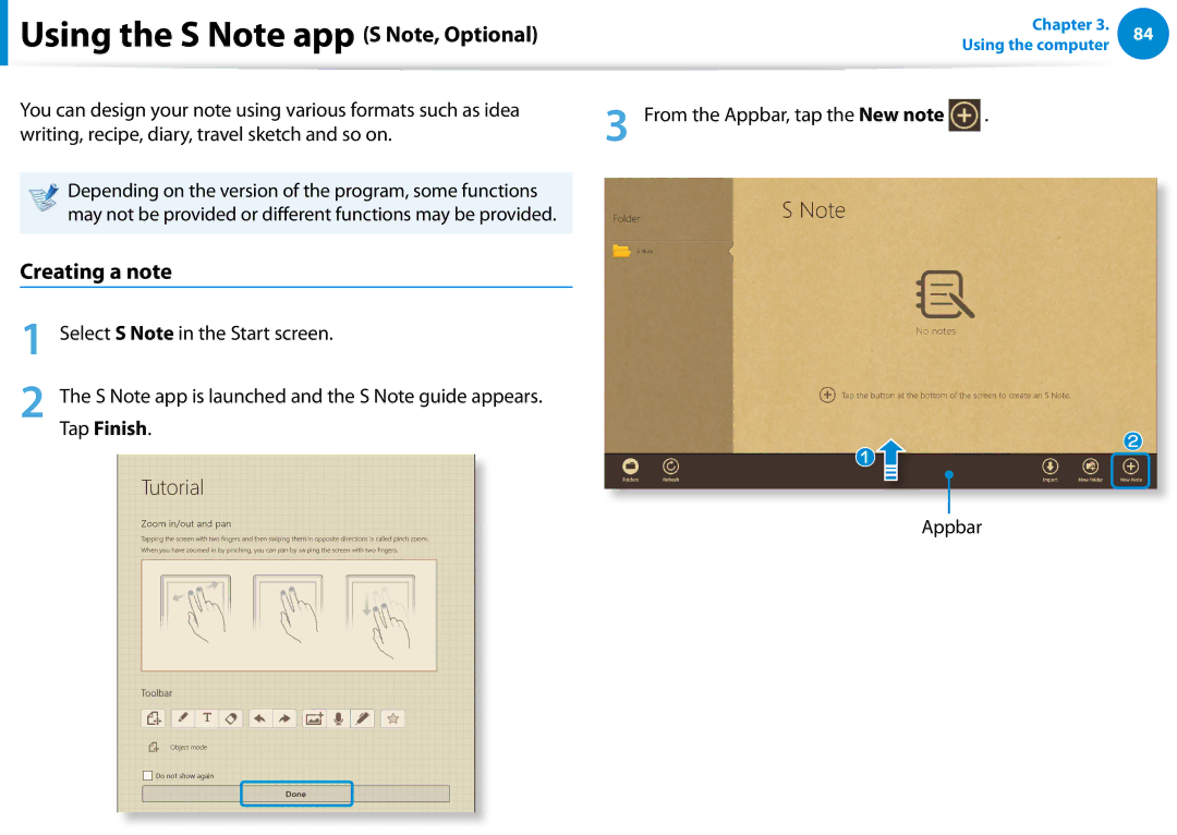 Samsung Xe700t1c, XE700T1CHA1US, 700TC manual Using the S Note app S Note, Optional, Creating a note, Tap Finish, Appbar 