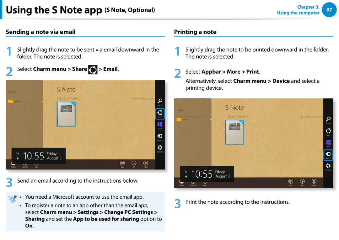 Samsung Xe700t1c, 700TC manual Sending a note via email, Printing a note, Select Charm menu Share, Select Appbar More Print 
