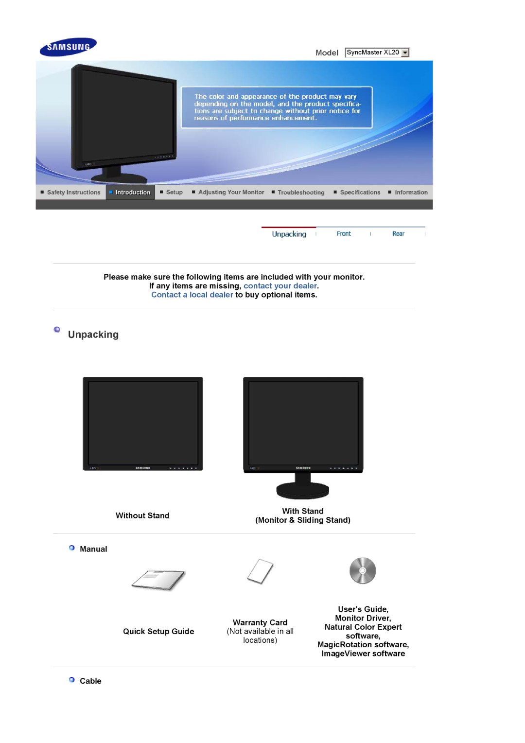 Samsung XL20 manual Unpacking, MagicRotation software, Cable 