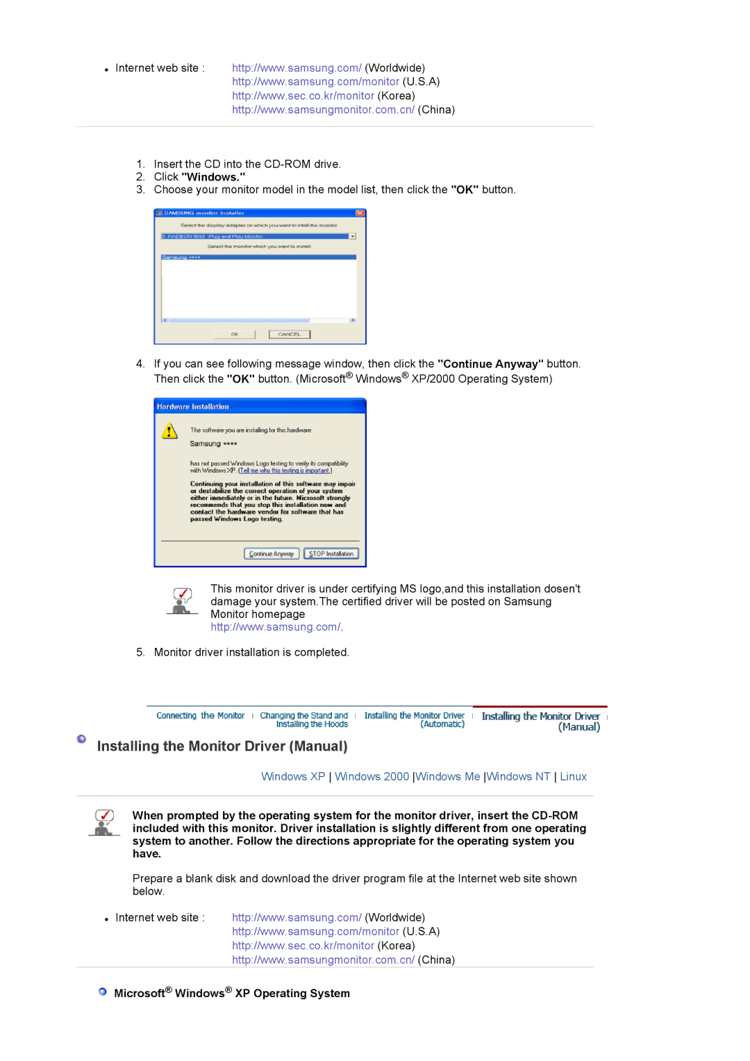 Samsung XL20 manual Installing the Monitor Driver Manual, Click Windows, Microsoft Windows XP Operating System 