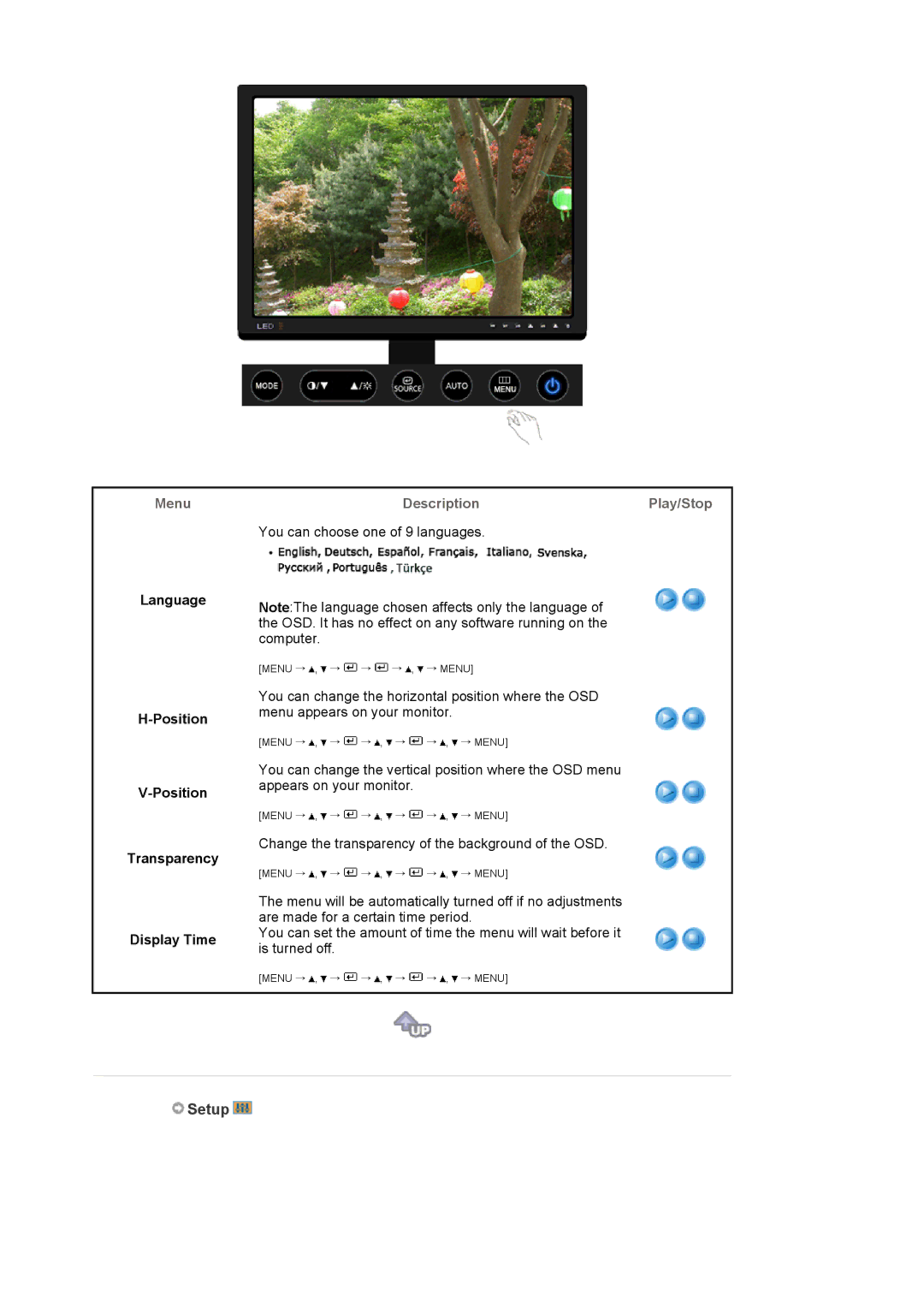 Samsung XL20 manual Setup, Language Position Transparency Display Time 