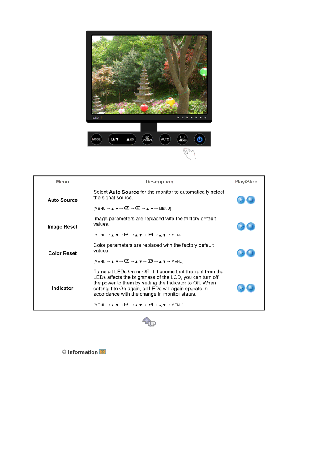 Samsung XL20 manual Information, Auto Source Image Reset Color Reset Indicator 