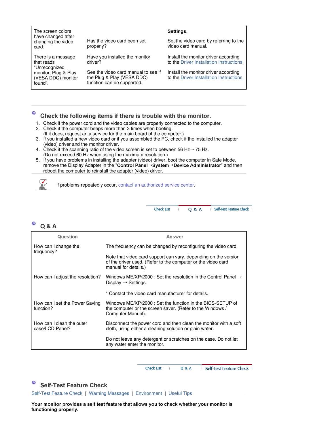 Samsung XL20 manual Self-Test Feature Check, Settings, Question, Answer 