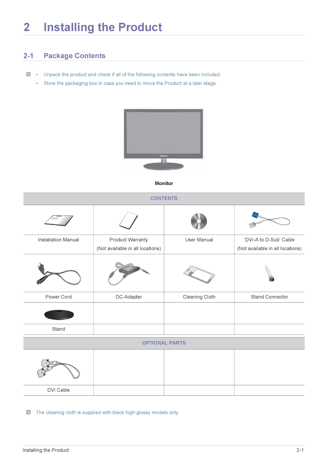 Samsung XL2270 user manual Installing the Product, Package Contents 