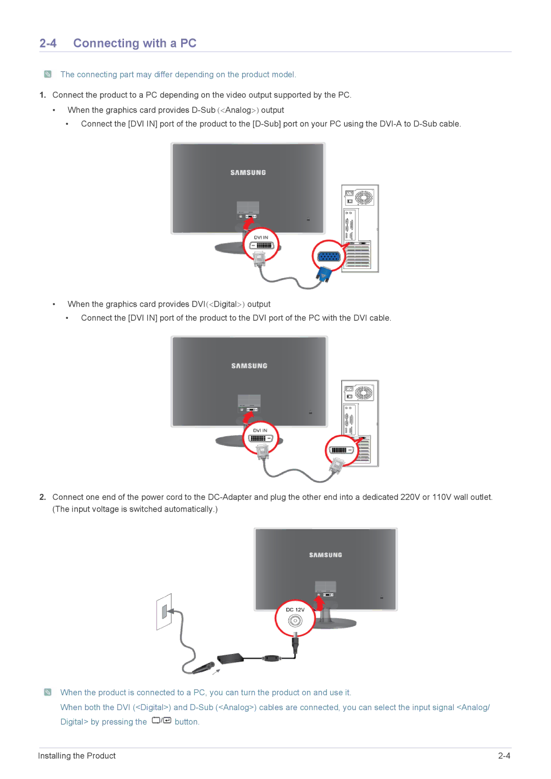 Samsung XL2270 user manual Connecting with a PC, Connecting part may differ depending on the product model 