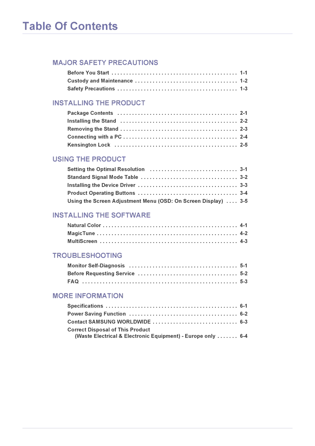 Samsung XL2270 user manual Table Of Contents 