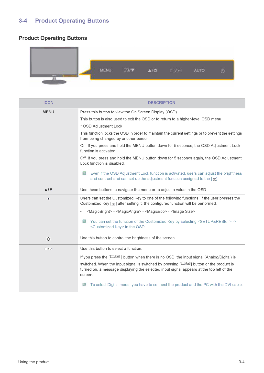 Samsung XL2270 Product Operating Buttons, Icon Description, Contrast and can set up the adjustment function assigned to 