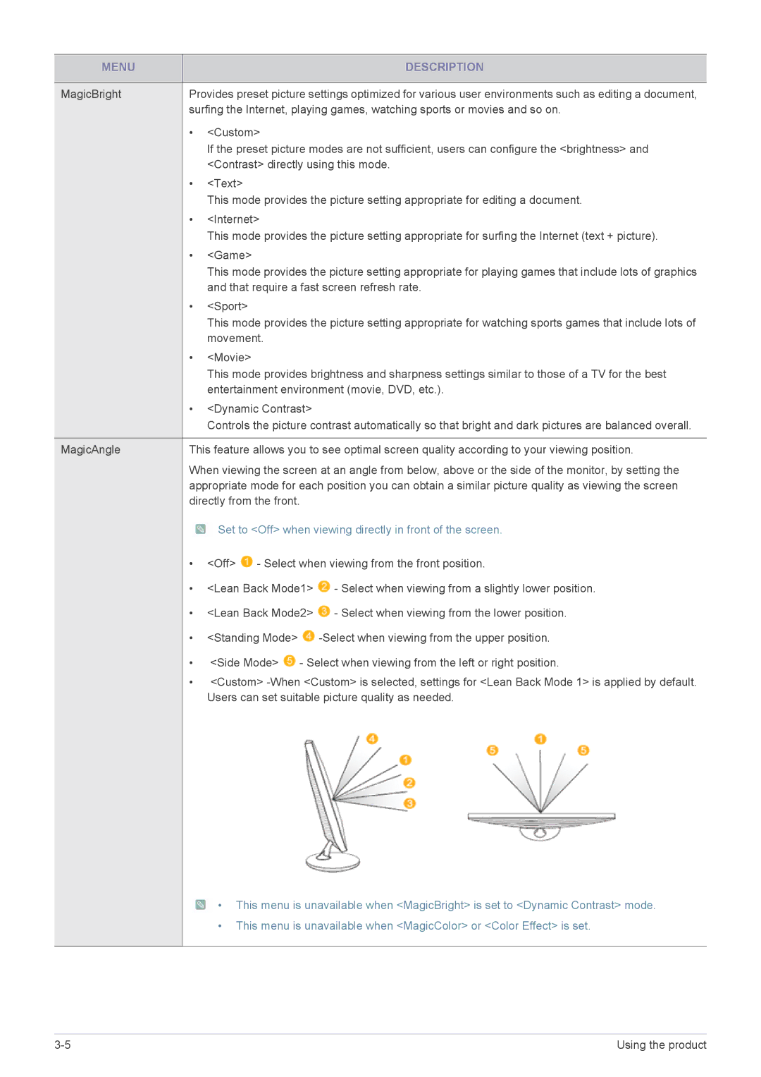 Samsung XL2270 user manual Sport, Set to Off when viewing directly in front of the screen 