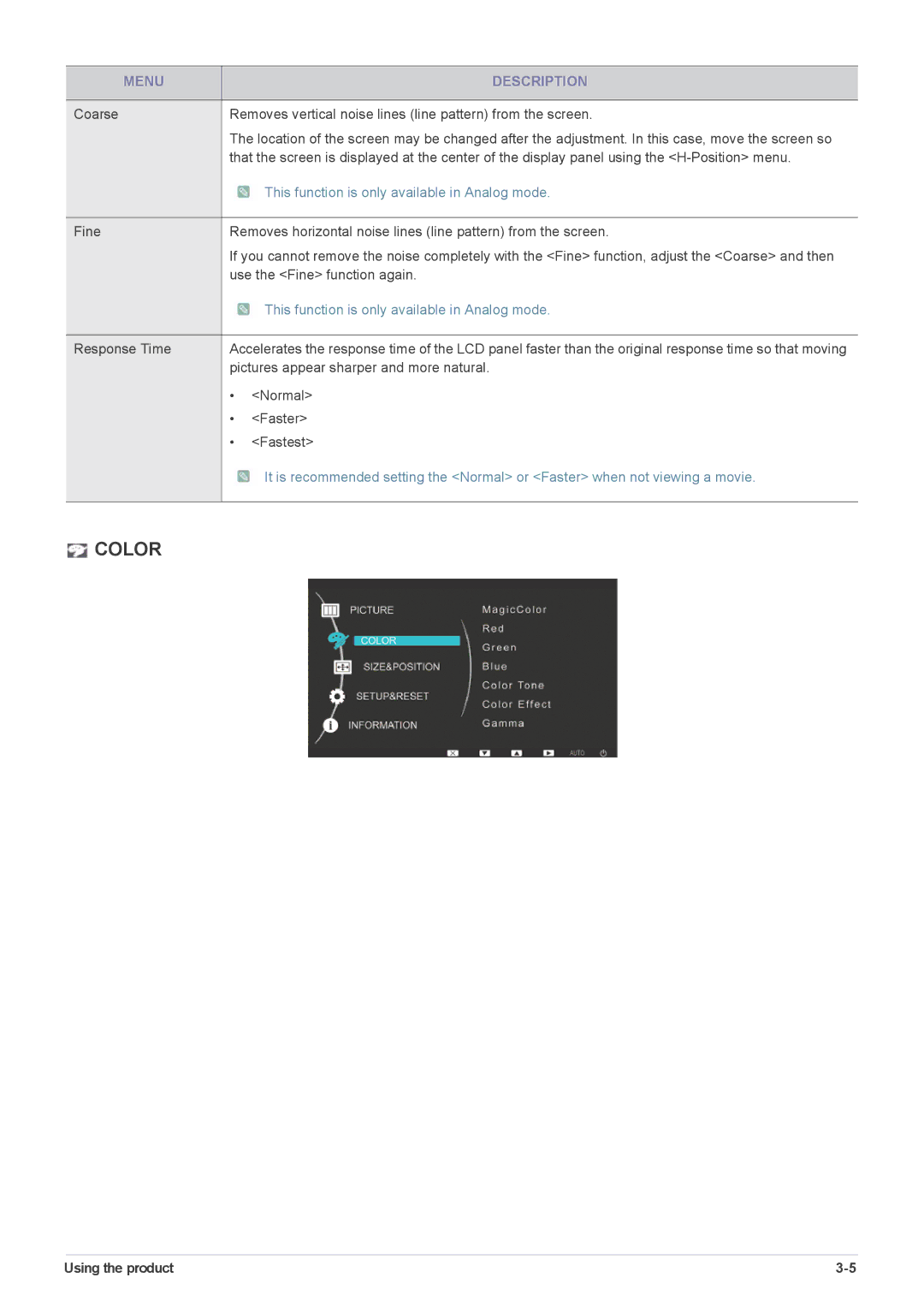 Samsung XL2270 user manual Color, Using the product 