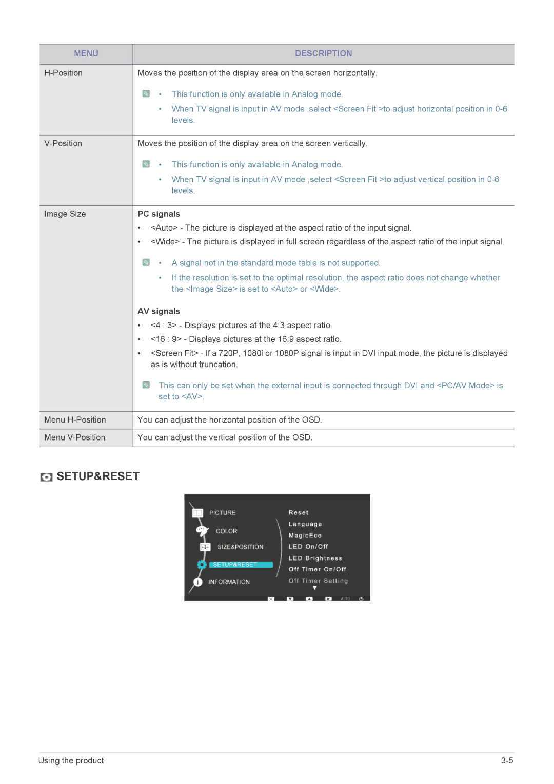 Samsung XL2270 user manual Levels, PC signals, AV signals, Set to AV 