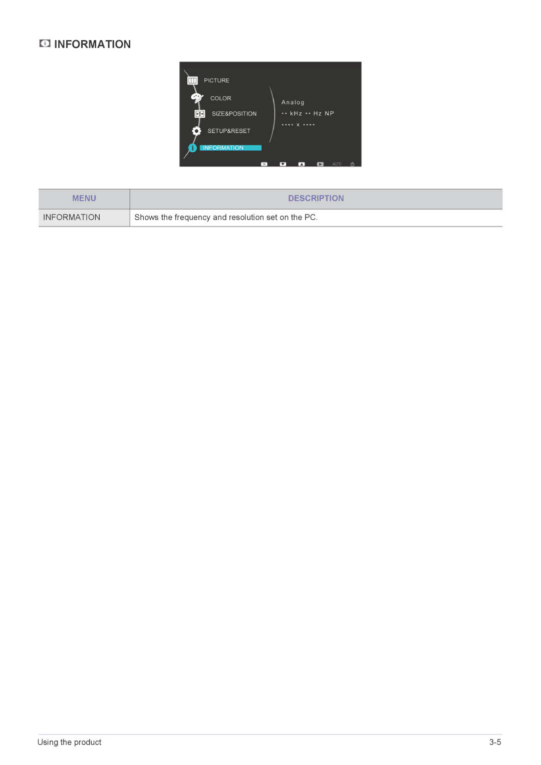 Samsung XL2270 user manual Information, Shows the frequency and resolution set on the PC 