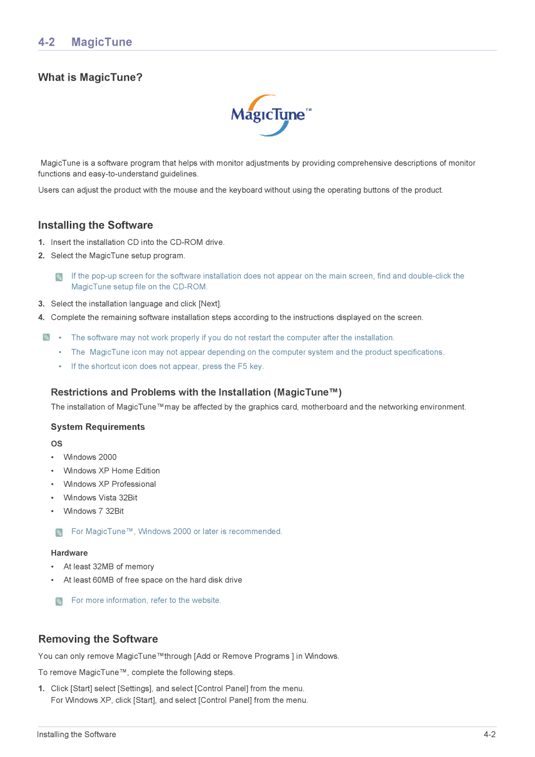 Samsung XL2270 user manual What is MagicTune?, Installing the Software, Removing the Software, Hardware 