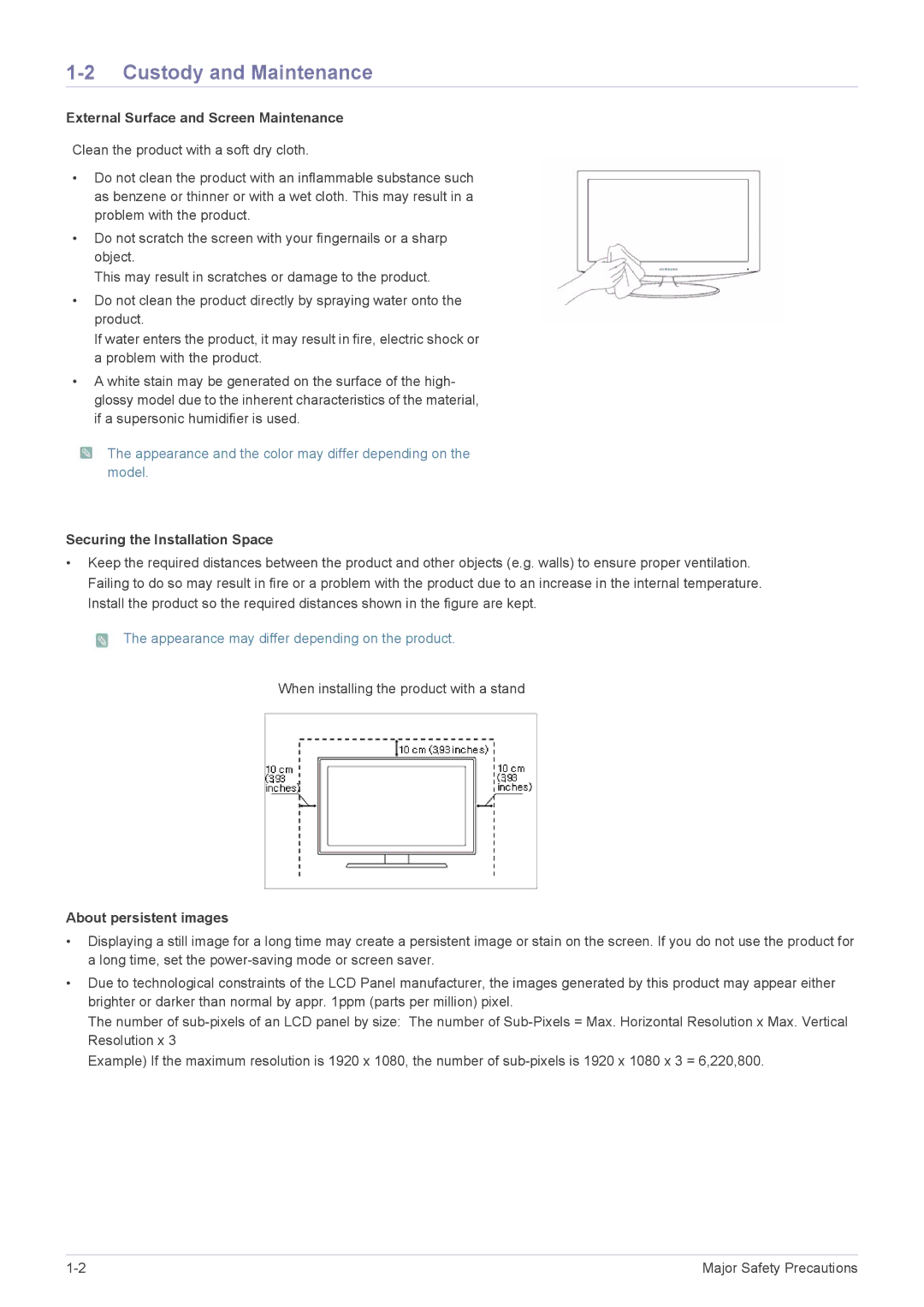 Samsung XL2270 Custody and Maintenance, External Surface and Screen Maintenance, Securing the Installation Space 