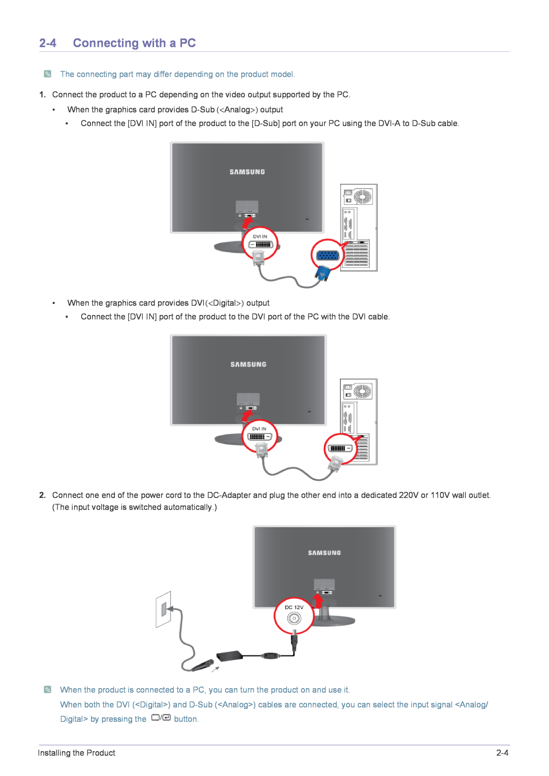 Samsung XL2270 user manual Connecting with a PC, The connecting part may differ depending on the product model 