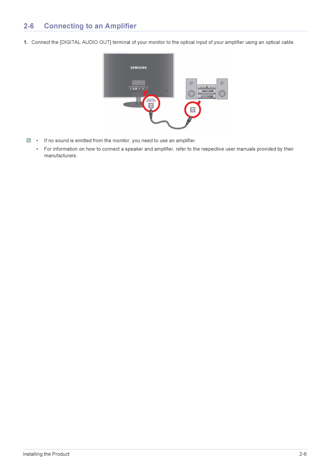 Samsung P2570, XL2370 user manual Connecting to an Amplifier 