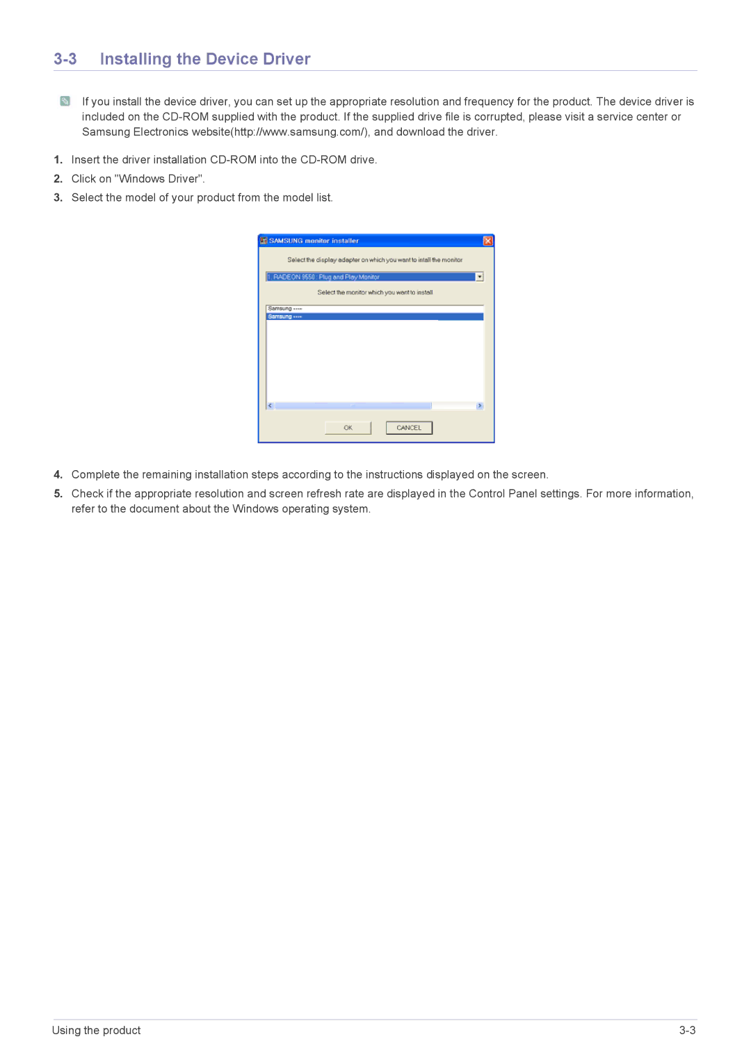 Samsung P2570, XL2370 user manual Installing the Device Driver 