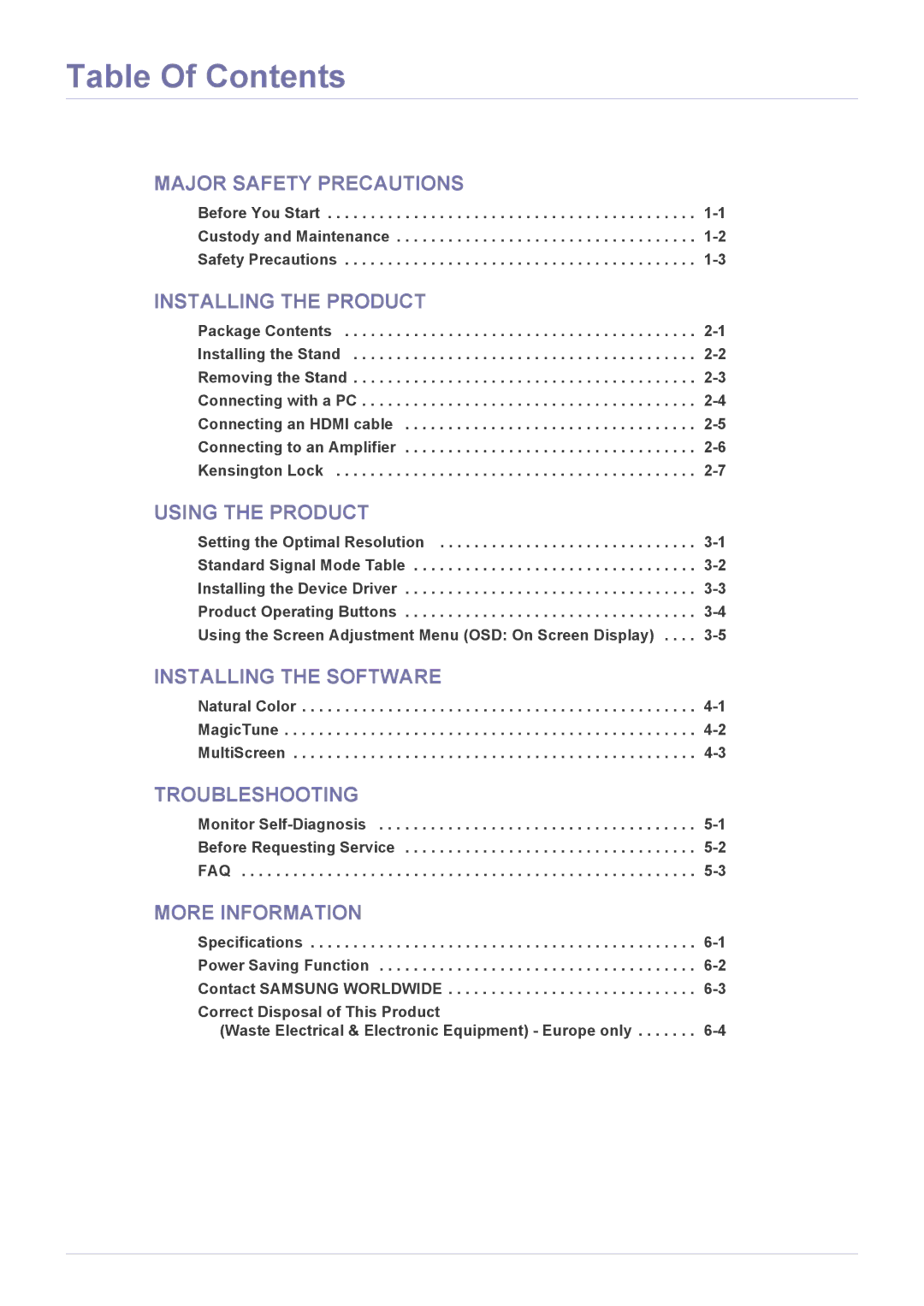 Samsung P2570, XL2370 user manual Table Of Contents 