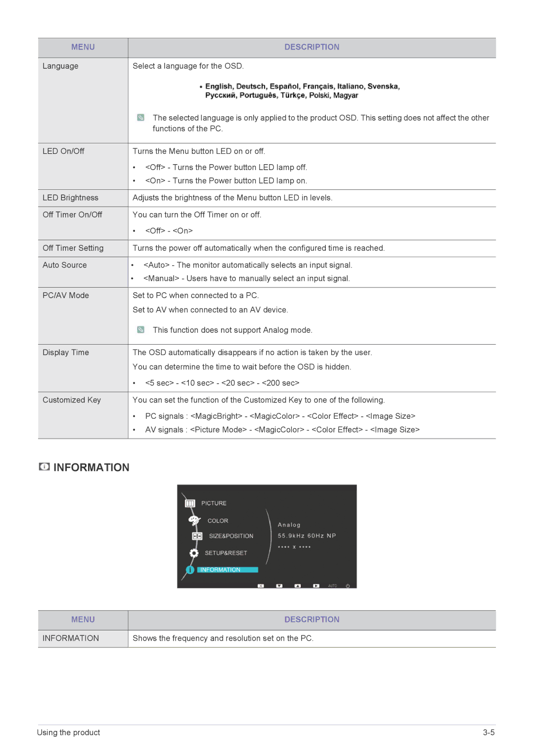 Samsung P2570, XL2370 user manual Language Select a language for the OSD, Shows the frequency and resolution set on the PC 