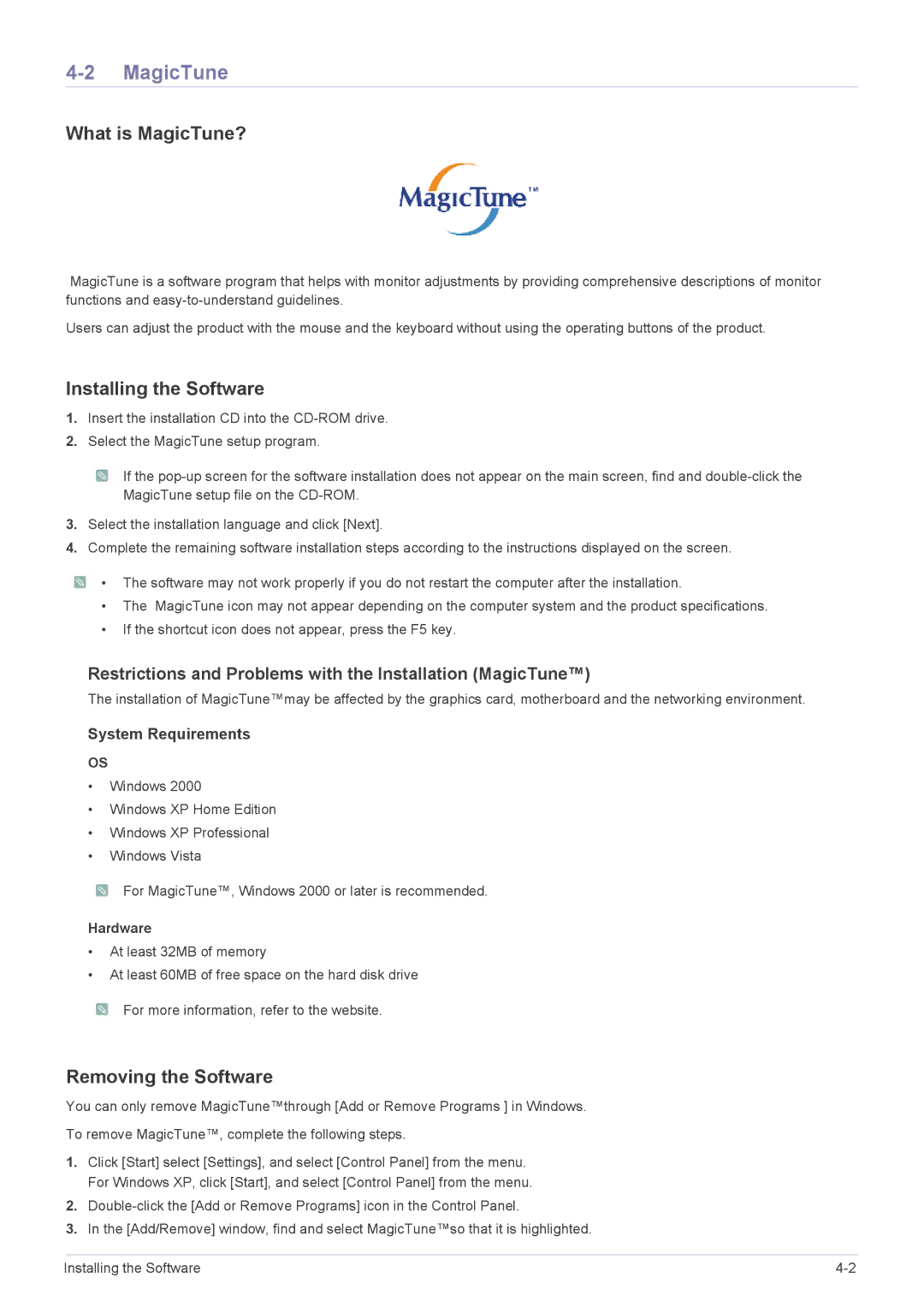 Samsung P2570, XL2370 user manual What is MagicTune?, Installing the Software, Removing the Software, Hardware 