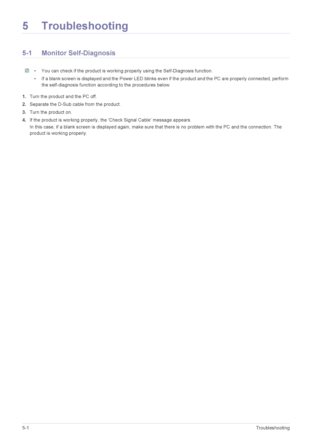 Samsung XL2370, P2570 user manual Troubleshooting, Monitor Self-Diagnosis 