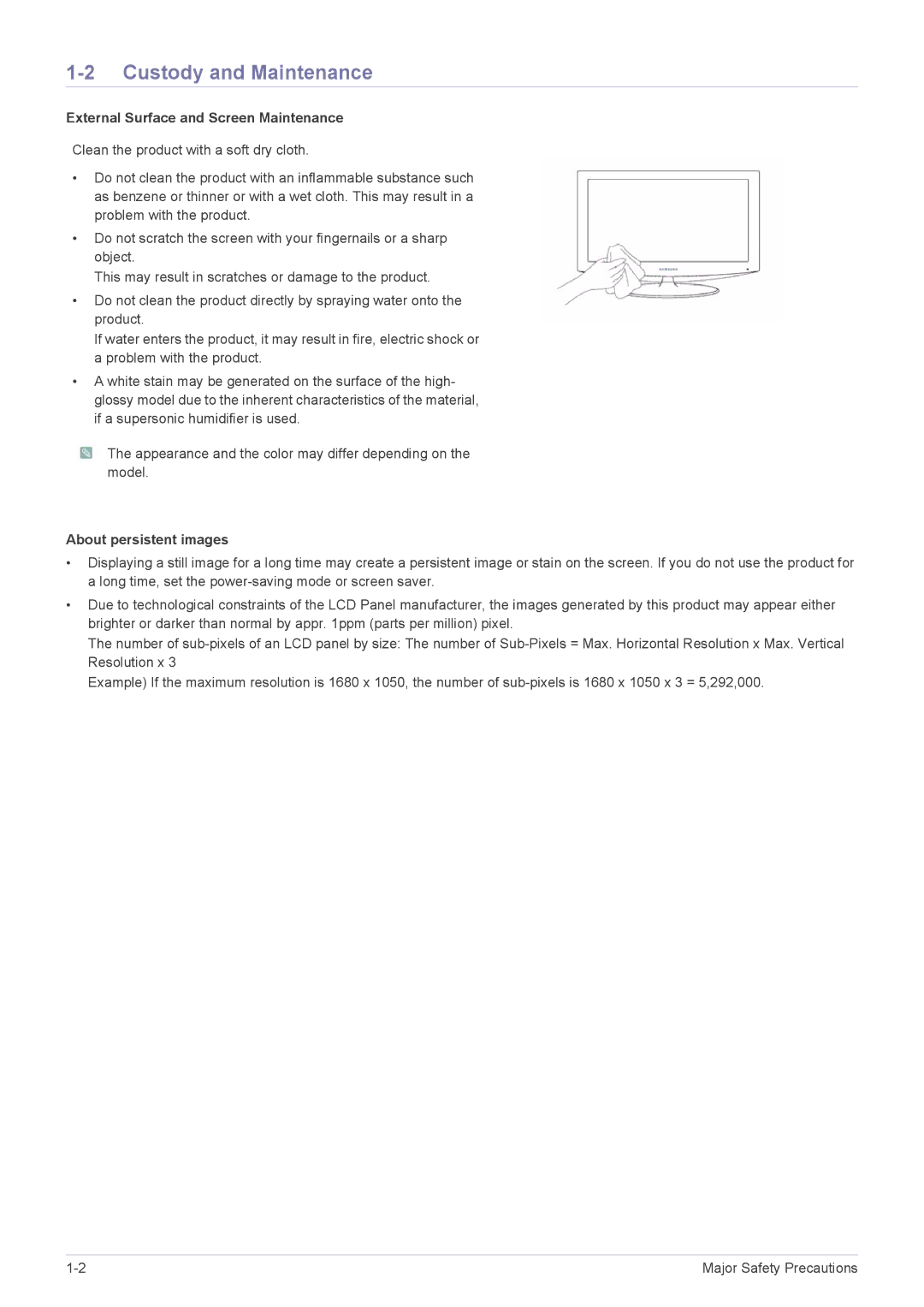 Samsung XL2370, P2570 user manual Custody and Maintenance, External Surface and Screen Maintenance, About persistent images 