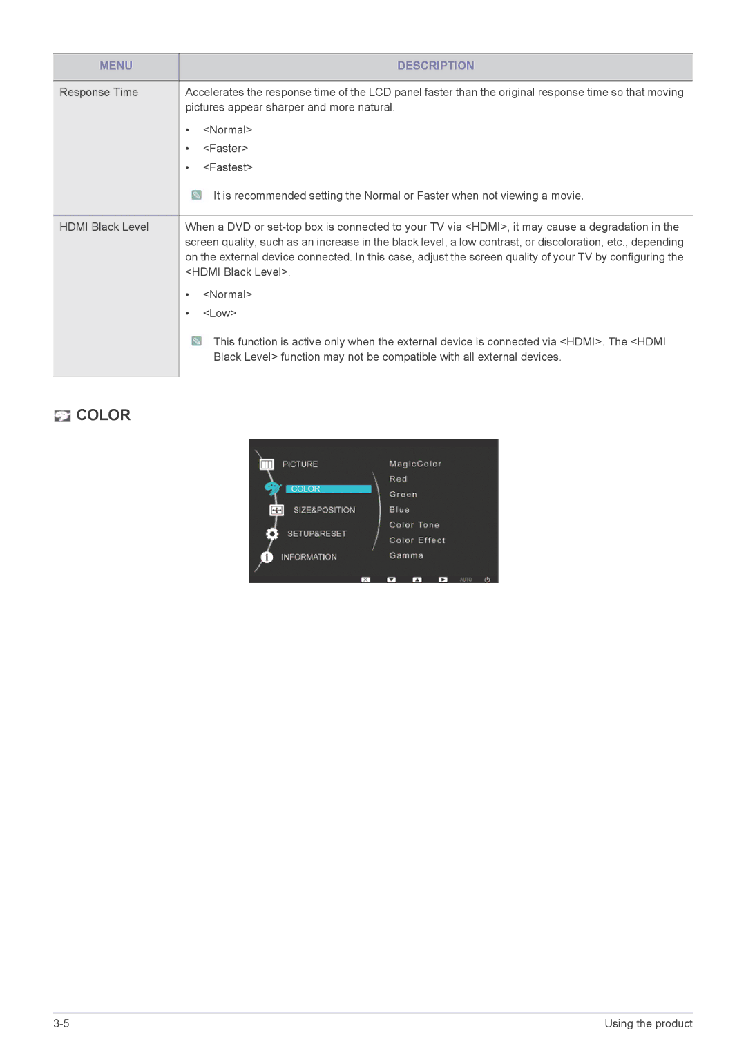 Samsung XL2370, P2570 user manual Color 