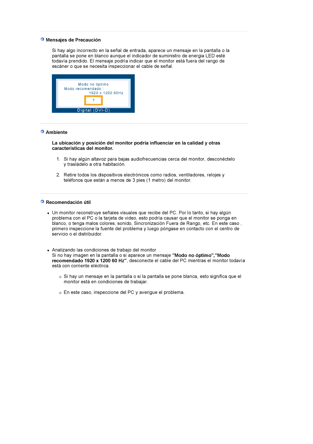 Samsung XL24 quick start Mensajes de Precaución, Recomendación útil 