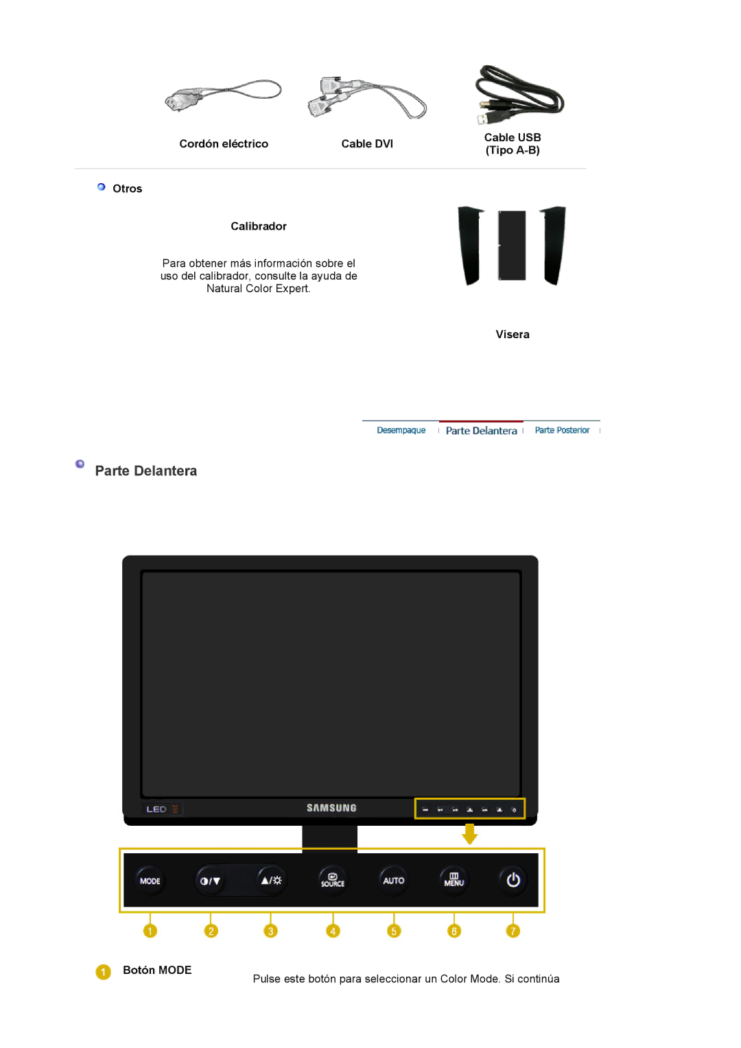 Samsung XL24 quick start Parte Delantera, Visera, Botón Mode 