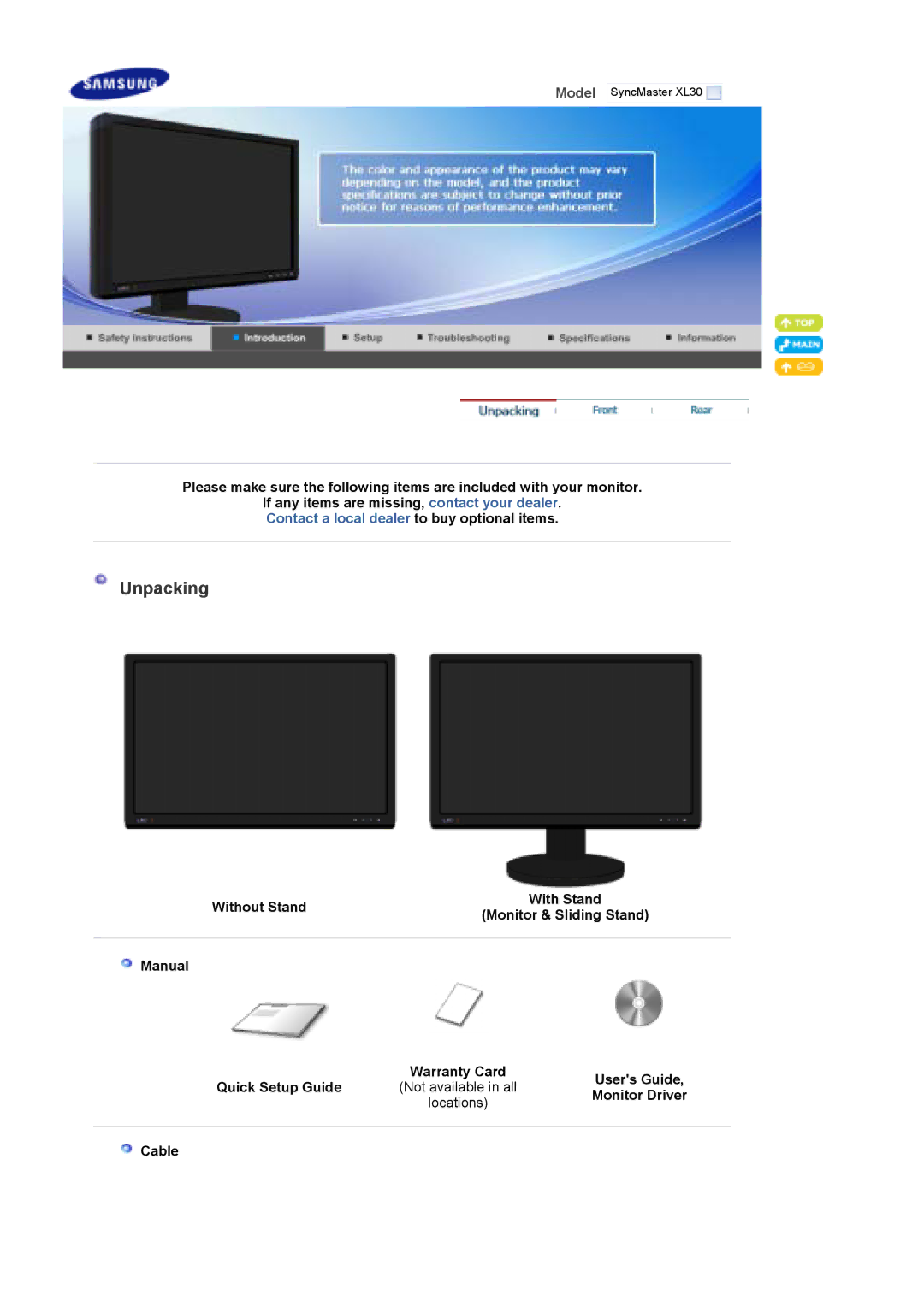 Samsung XL30 manual Unpacking, Monitor Driver, Cable 