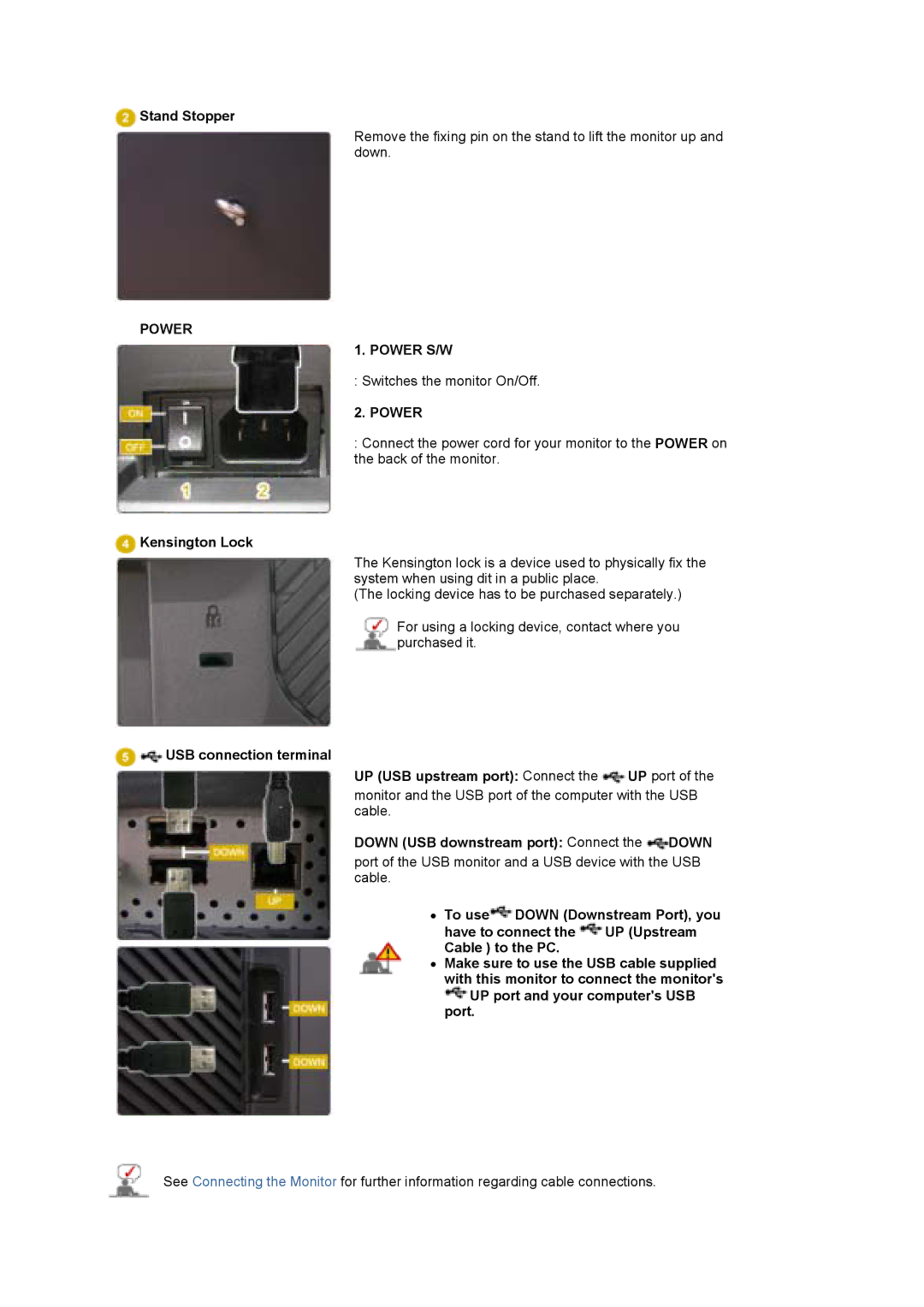 Samsung XL30 manual Stand Stopper, Kensington Lock, Down USB downstream port Connect the Down 