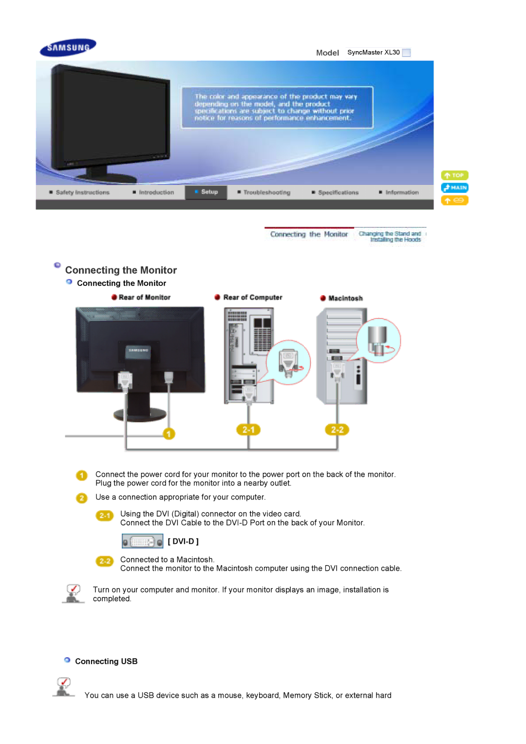 Samsung XL30 manual Connecting the Monitor, Dvi-D, Connecting USB 