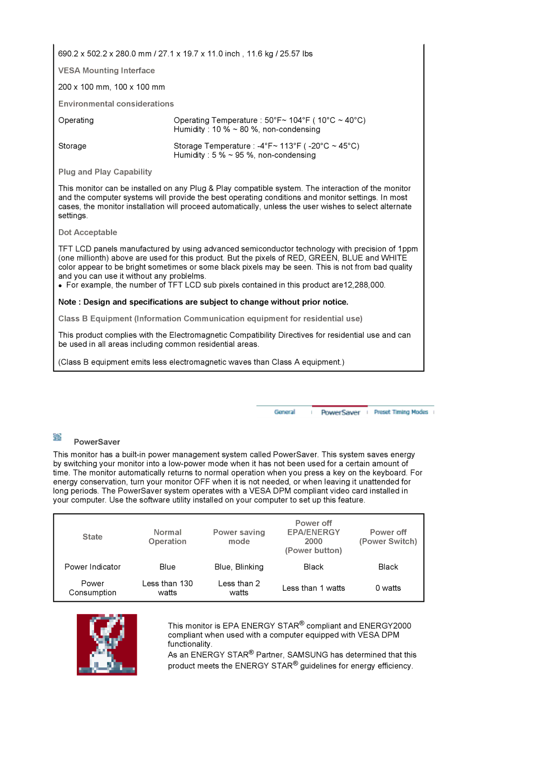 Samsung XL30 Vesa Mounting Interface, Environmental considerations, Plug and Play Capability, Dot Acceptable, Power off 