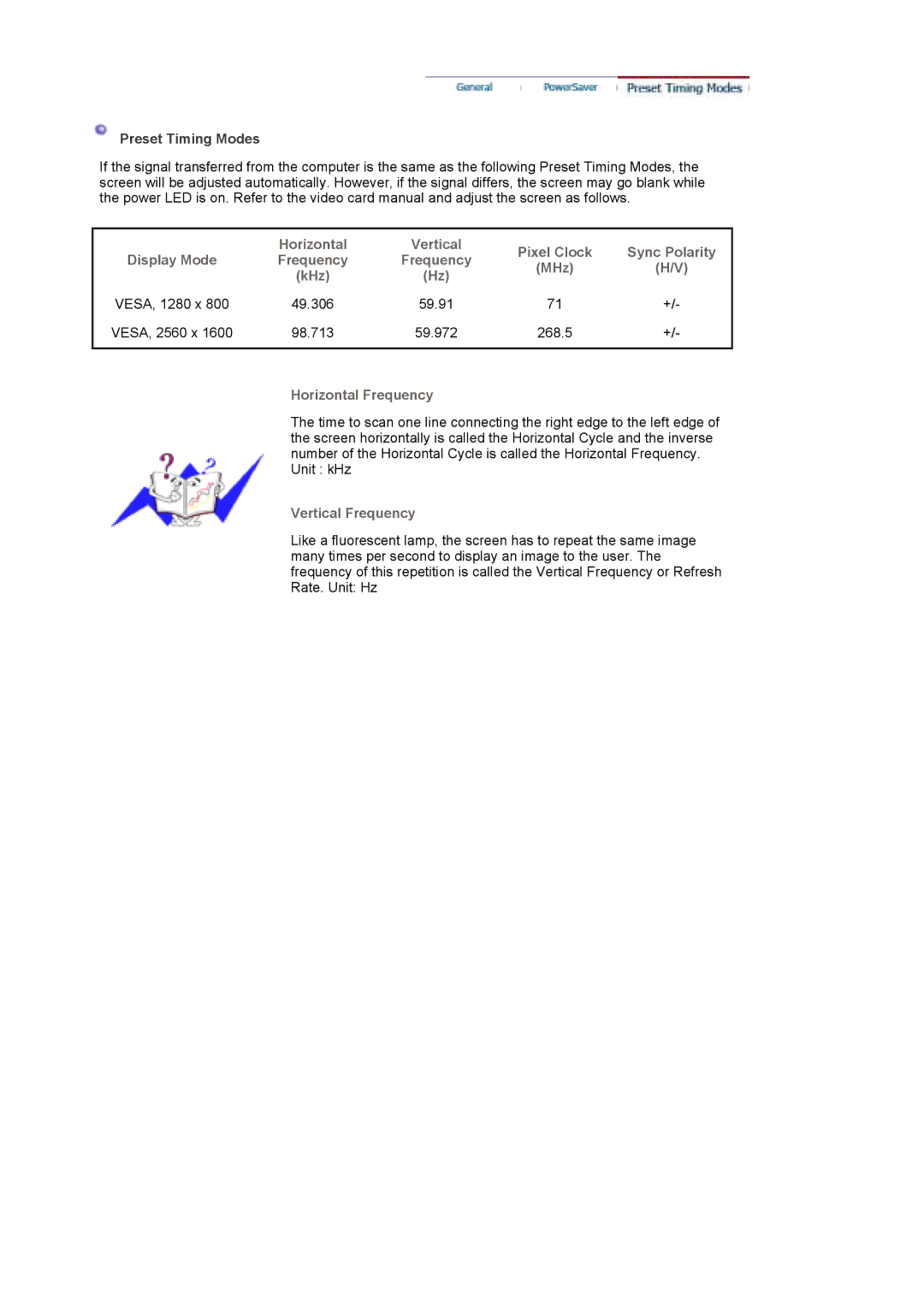 Samsung XL30 manual Preset Timing Modes, VESA, 2560 x, 59.972 268.5 Horizontal Frequency, Vertical Frequency 