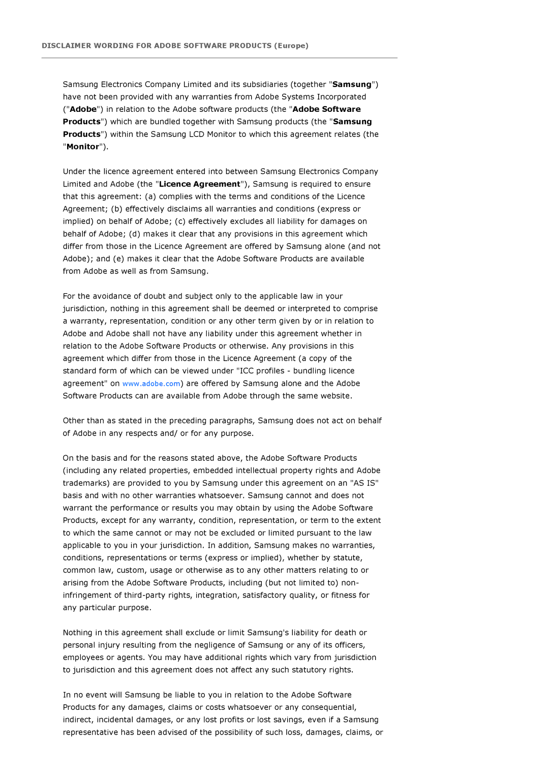 Samsung XL30 manual Disclaimer Wording for Adobe Software Products Europe 