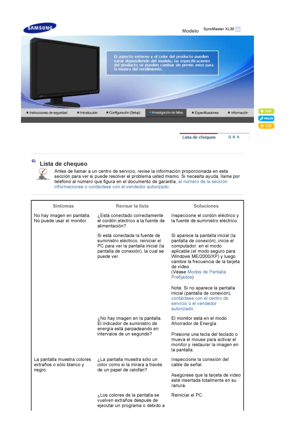 Samsung XL30 quick start Lista de chequeo, Síntomas Revisar la lista Soluciones 