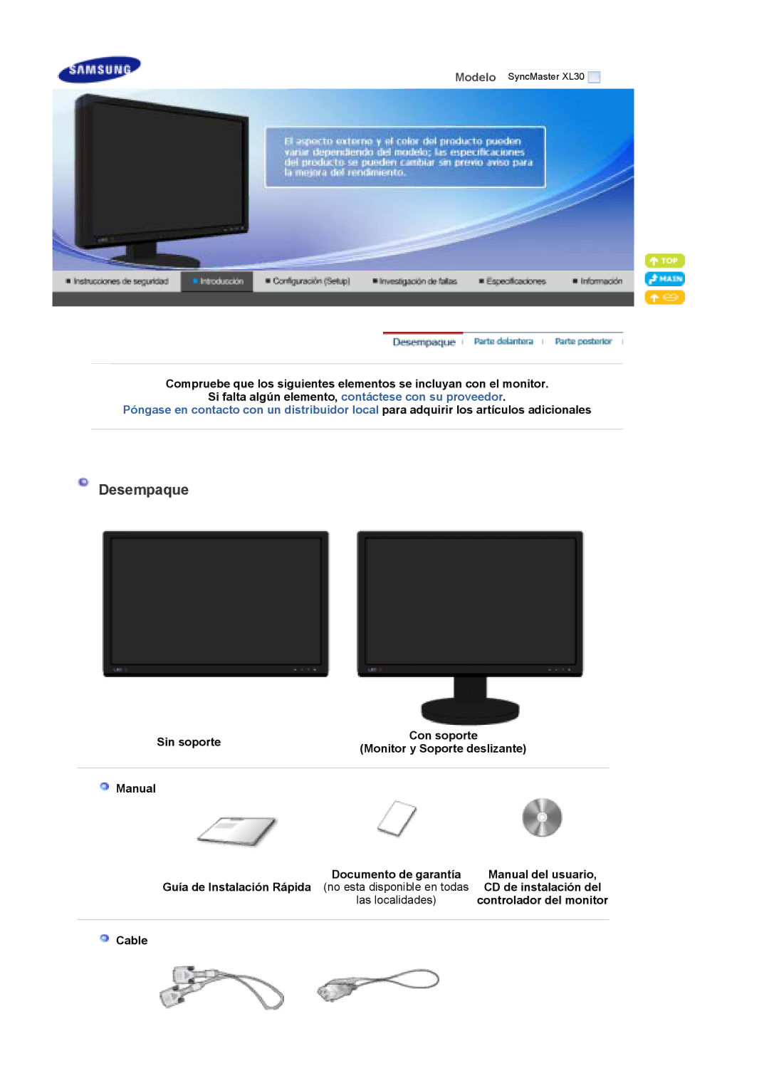 Samsung XL30 quick start Desempaque, Controlador del monitor, Cable 