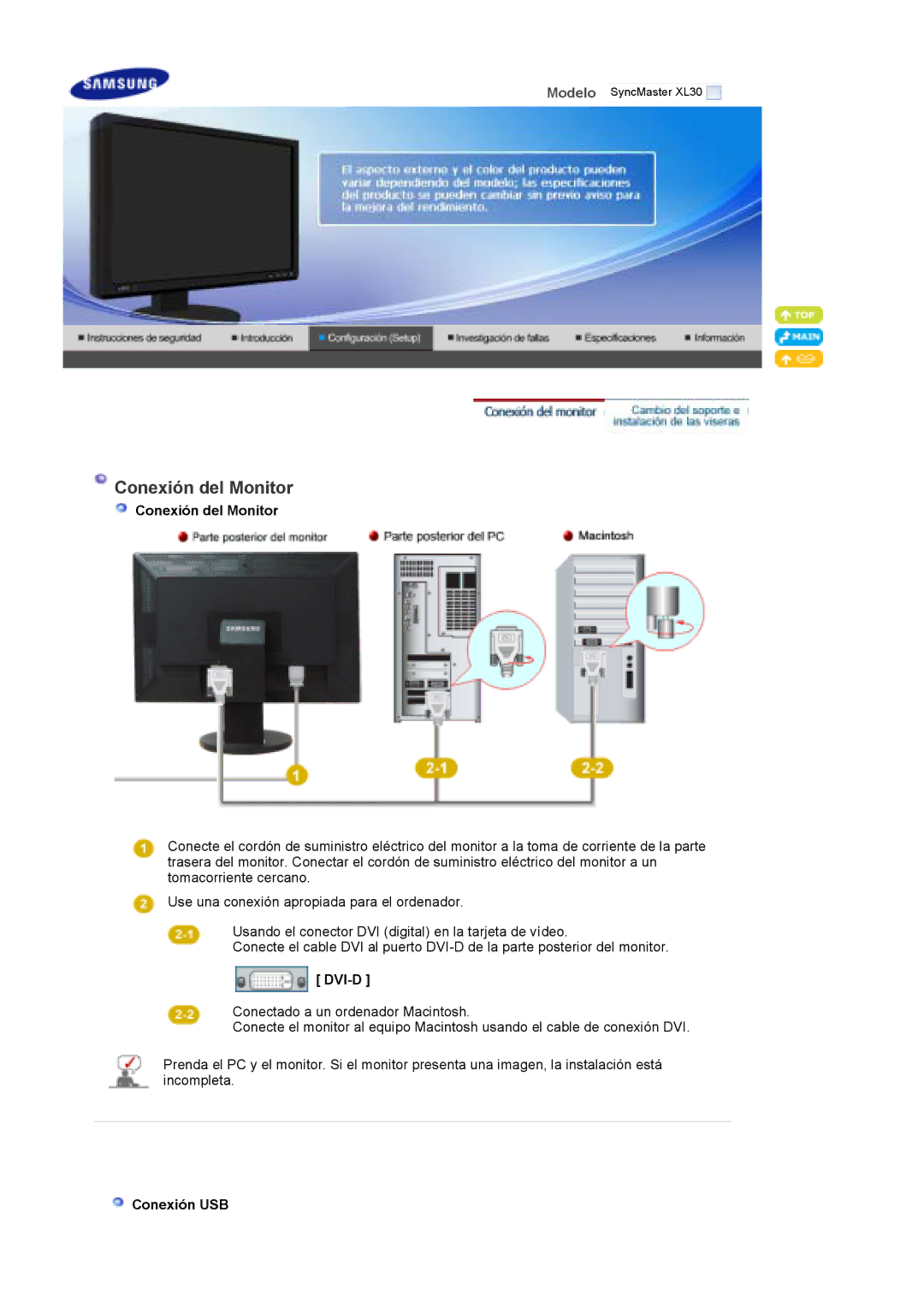 Samsung XL30 quick start Conexión del Monitor, Dvi-D, Conexión USB 