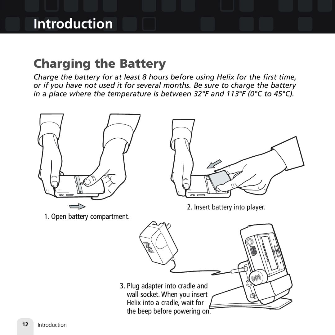 Samsung XM2go manual Charging the Battery, Insert battery into player . Open battery compartment 