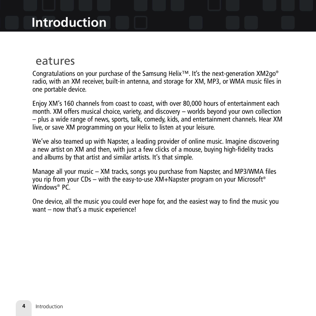 Samsung XM2go manual Introduction, Features 