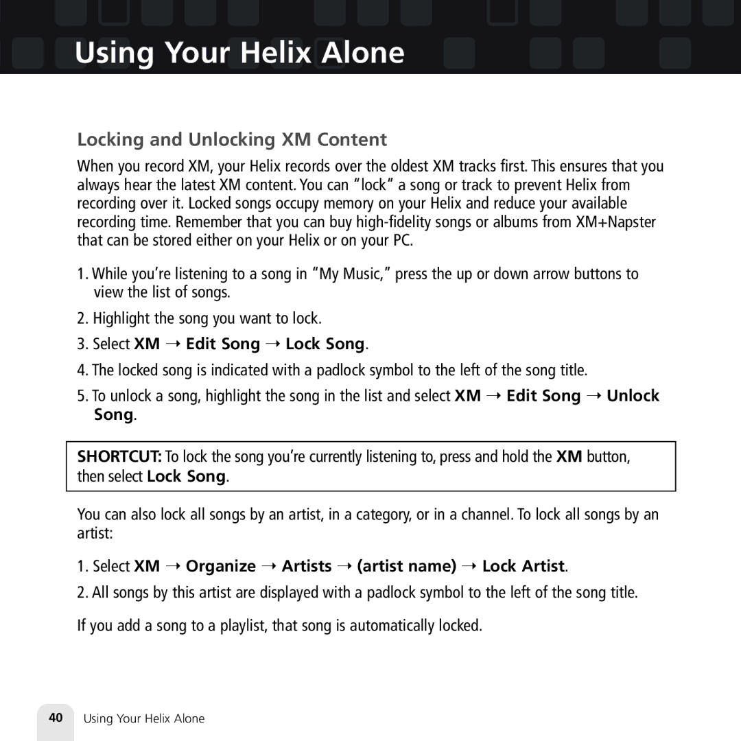 Samsung XM2go manual Locking and Unlocking XM Content, Select XM Edit Song Lock Song 