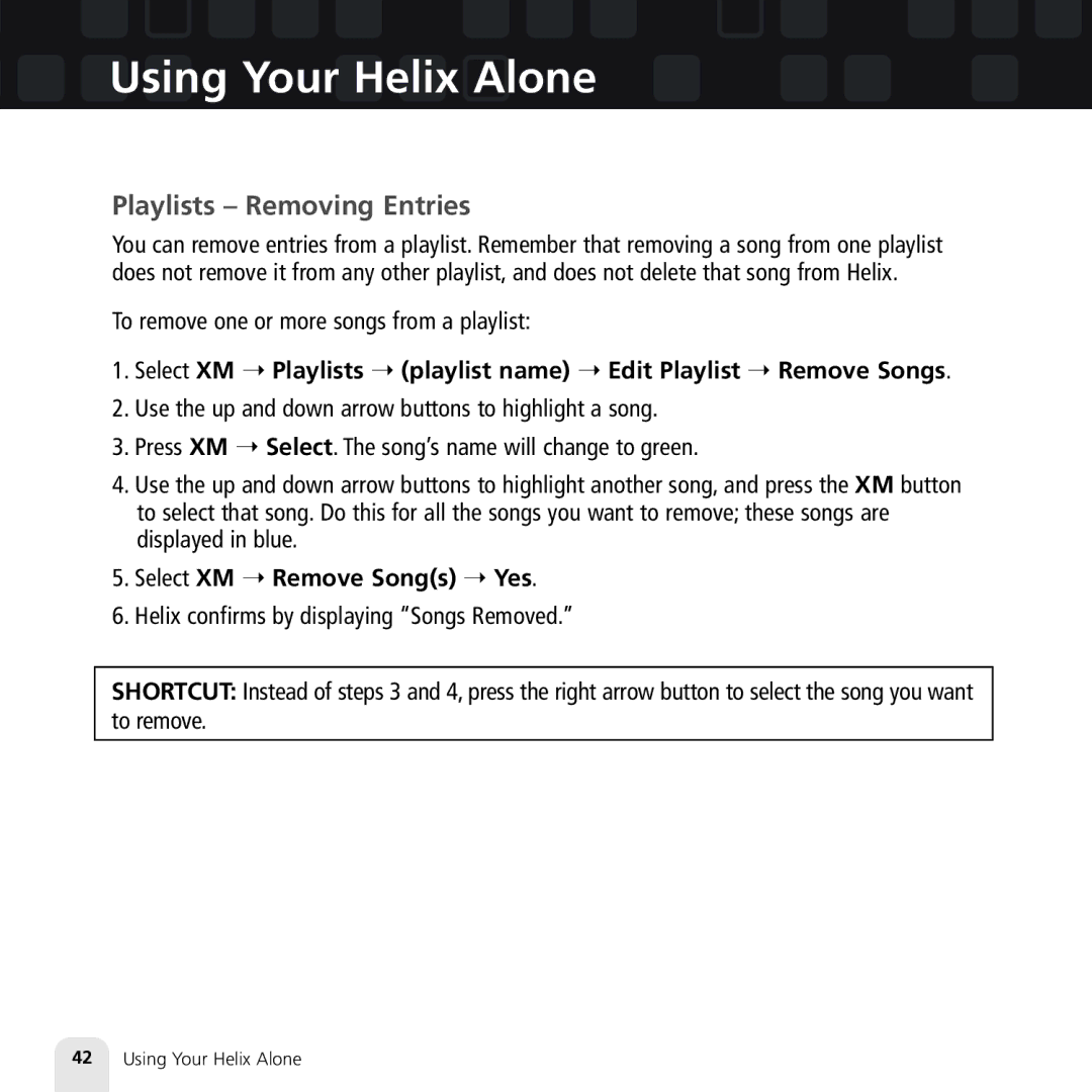 Samsung XM2go manual Playlists Removing Entries, Select XM Remove Songs Yes 