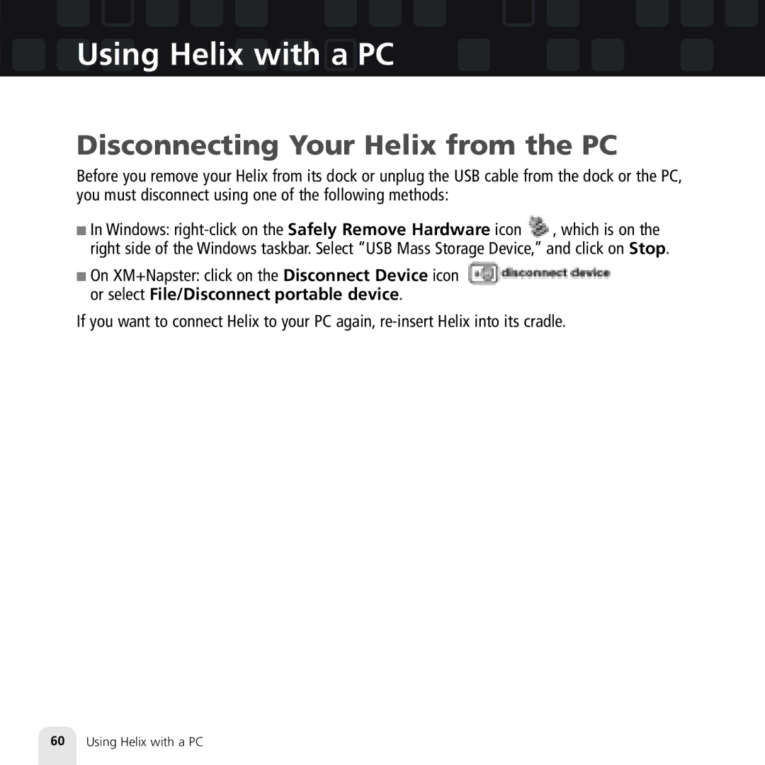 Samsung XM2go manual Disconnecting Your Helix from the PC 